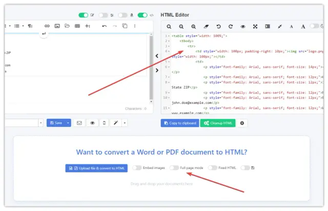 Edytor HTML pokazuje kod, jak wyśrodkować tekst w HTML, z czerwonym wskaźnikiem na opcję "Full page mode".