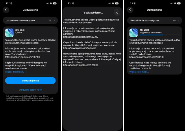 Ekran iPhone'a pokazuje, jak zaktualizować iOS 26.3. Dostępne są opcje "Uaktualnij teraz" i "Uaktualnij dziś w nocy".