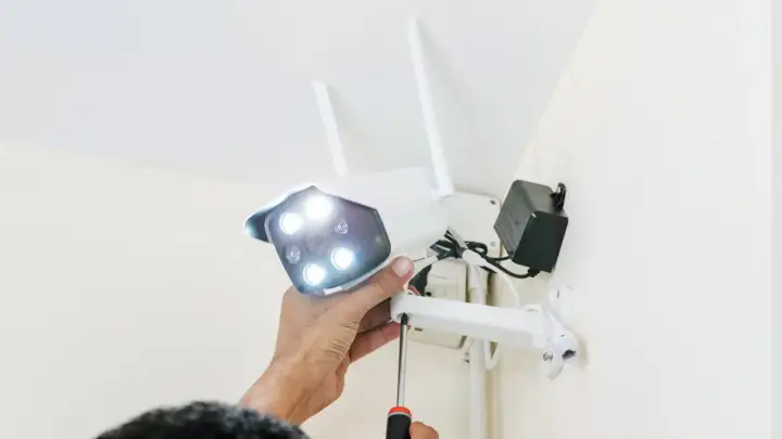 Montaż kamery zewnętrznej wifi. Ręka dokręca śrubę mocującą kamerę do uchwytu.